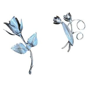 Two Vintage‎ Silver Toned Rose Brooches - Single Rose Double Rose Giovanni